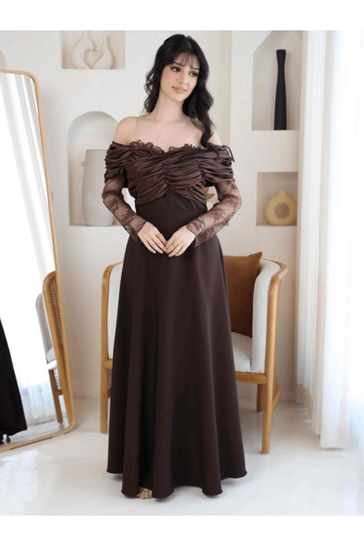 Nice Model Brown Off-Shoulder Evening Dress with Lace Sleeves | Elegant Maxi ...