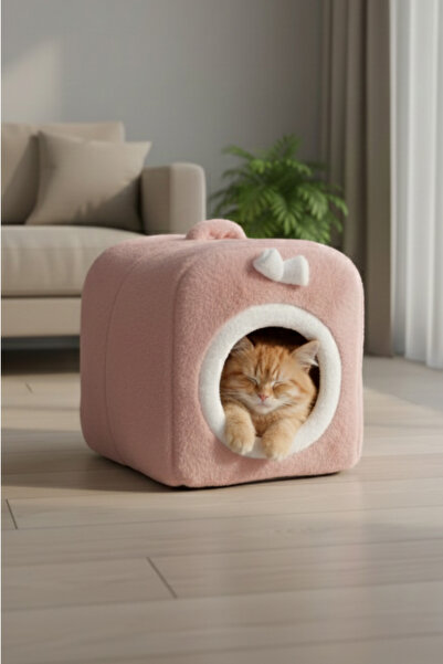 MİNDERHAN Pembe Peluş Kedi Evi Minderli, Yıkanabilir, Sünger Gövdeli Kapalı K...