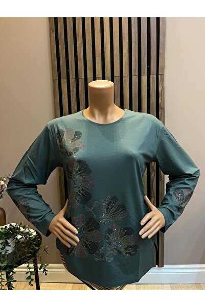 AKMAVİ Women's Middle Age and Above Viscose Colorful Leaf Patterned Stoned St...