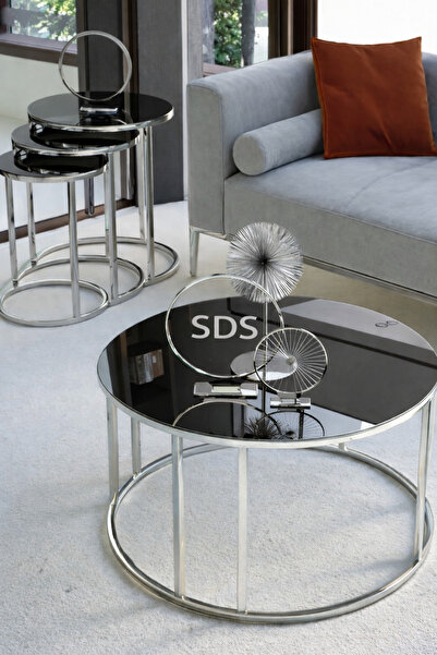 SEDAŞ LIVING UNITS 4 Lü Füme Ayna Gümüş Metal Ayaklı Ayna C Model Sehpa Takım...