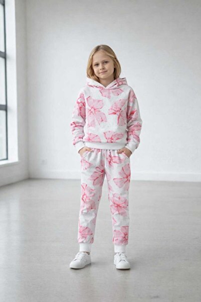 RONYPONY Girl's Patterned Hooded Sweatshirt Pants Set