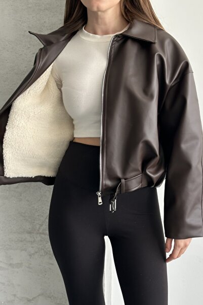 moda armanc Women's Fur Lined O Oversized Leather Coat - Plush Lined Biker Le...