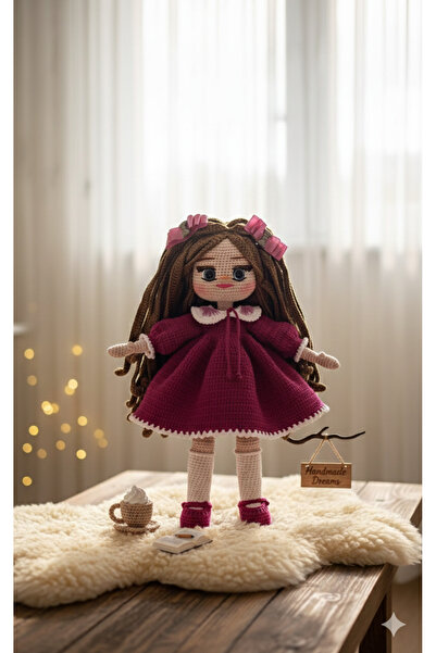 Markasız ucuz El Yapımı Amigurumi Kız Bebek – Bordo Elbiseli El Örgüsü Oyunca...