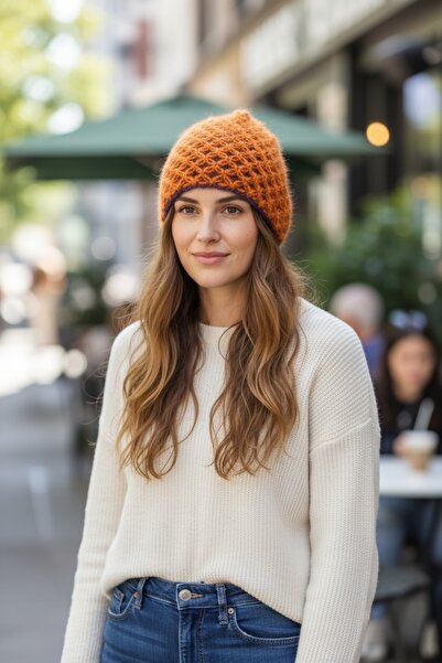 Flux Design Factory El Örgüsü Mor Turuncu Bere Şapka