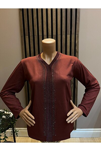 AKMAVİ Kadın Orta Yaş Ve Üzeri Triko Şeritli Taşlı Anne Penye Bluz