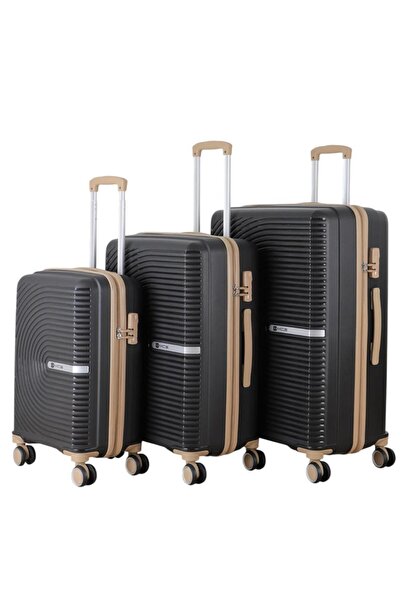 MÇS 3lü Set Kırılmaz Silikon Seyahat Valizi Bavulu V374 Siyah/Şampanya