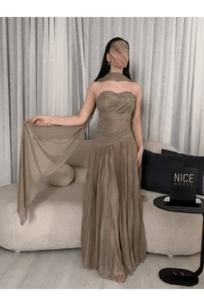 Nice Model Elegant Strapless Evening Gown with Shawl Pleated Maxi Dress for W...