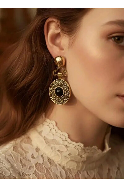 Dorvina Brass Gold Color Black Embroidered Dangle Vintage Design Women Earrings