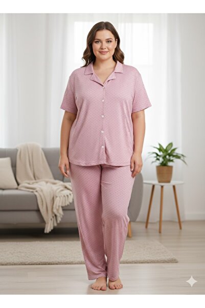FAMES PİJAMA Women's Plus Size Buttoned Pajama Set