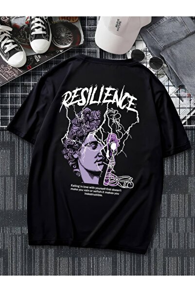 Unisex Kadın/Erkek RESILIENCE Özel Baskılı Oversize Pamuklu Bisiklet Yaka Penye T-Shirt