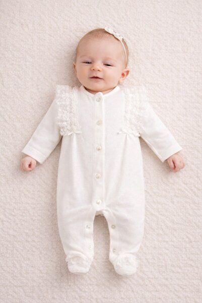 Babydola Baby Girl Romper with Lace Details, Snap Closure, Ecru Color, Specia...