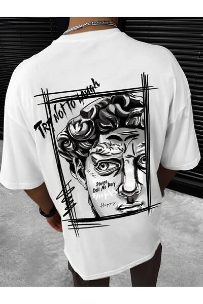 Unisex Kadın/Erkek TRY NOT Özel Baskılı Oversize Pamuklu Bisiklet Yaka Penye T-Shirt