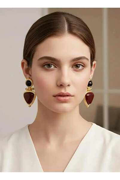 Dorvina Brass Gold Color Burgundy Black Detailed Dangle Vintage Design Women'...