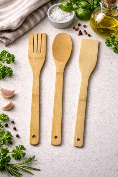 EUROLUXE Bamboo Spoon Set 3-Piece Natural Wood Kitchen Utensils Non-Scratch Non-Stick Pan Pot Friendly Healthy Household