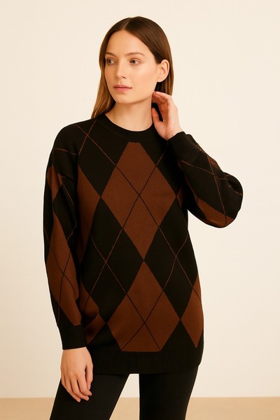 Noreva Kadın Triko Kazak Argyle Desenli - Sıcak Tutan Günlük