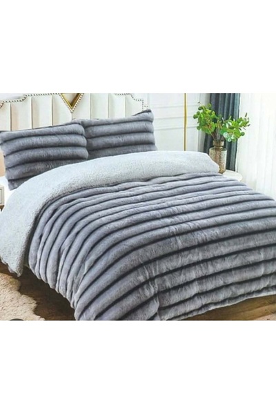Romania Thick Quilt with Faux Rabbit Fur 200X230cm, 2 Pillowcases 50x70cm GREY