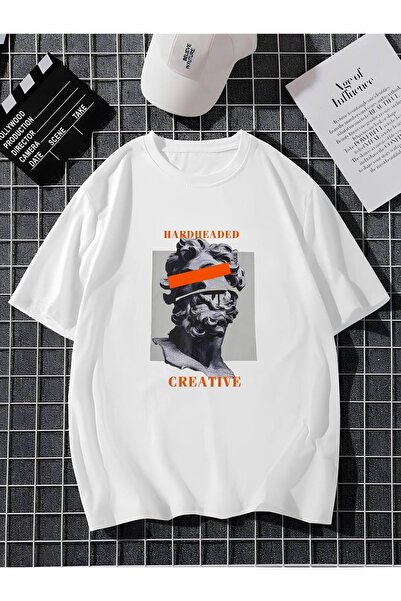 Unisex Kadın/Erkek CREATIVE Özel Baskılı Oversize Pamuklu Bisiklet Yaka Penye T-Shirt