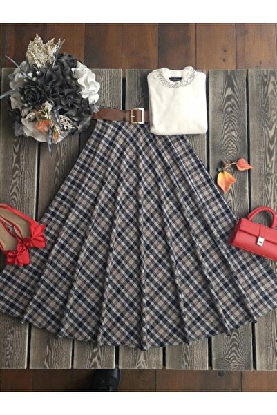 ŞAHİN TESETTÜR GİYİM ÇİZGİLİ EKOSE DESEN DERİ KEMERLİ YANDAN FERMUARLI KİLOŞ ...