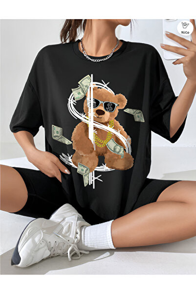 Unisex Kadın/Erkek MONEY BEAR Özel Baskılı Oversize Pamuklu Bisiklet Yaka Penye T-Shirt