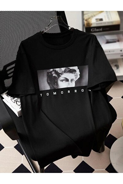 Unisex Kadın/Erkek TOMORROW Özel Baskılı Oversize Pamuklu Bisiklet Yaka Penye T-Shirt