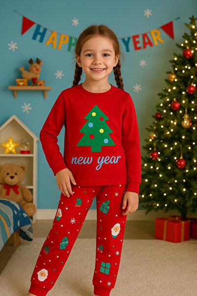 Little Miny Kids New Year Pattern Red Girl's Pajama Set