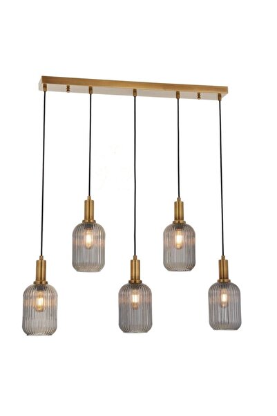 Rsylight Rero Metal Masa üstü Dekoratif Rustik 5 Li Füme Camlı Sarkıt Avize