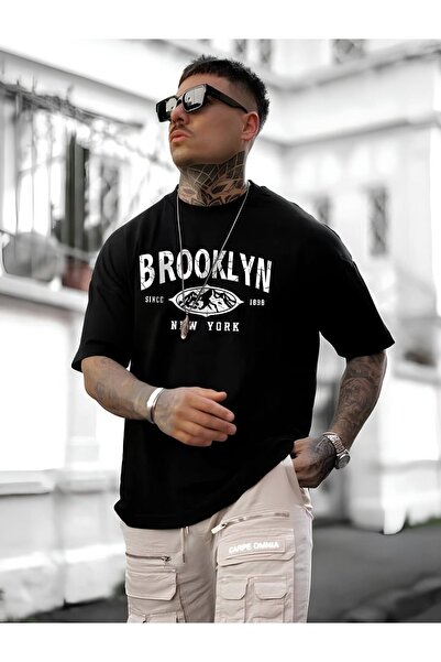 Unisex Kadın/Erkek BROOOKLYN Özel Baskılı Oversize Pamuklu Bisiklet Yaka Penye T-Shirt