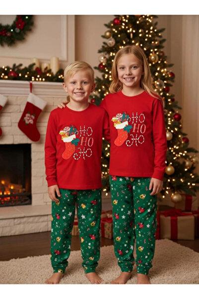 Little Miny Kids New Year Pattern Red-Green Unisex Children's Pajama Set