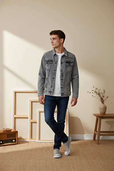 Wonraces Men's Regular Fit Mold Printed Denim Jeans Jacket