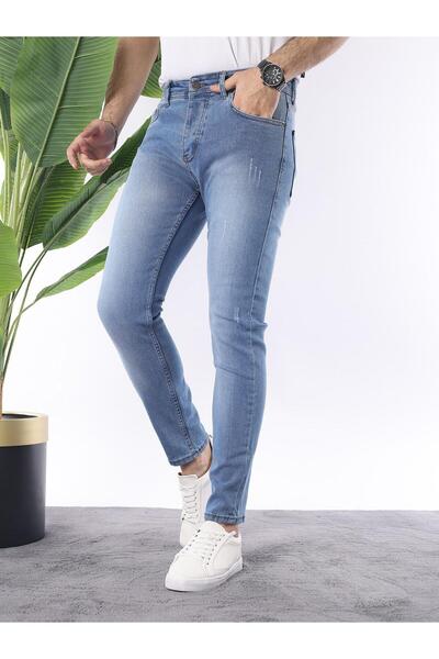 AsePremiumShop Erkek Slim Fit Dar Paça Açık Mavi Kot Pantolon Eskitme Detaylı