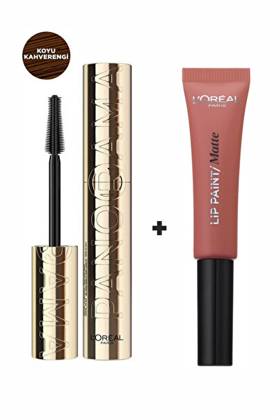 L'Oreal Paris Panorama Hacim Veren Maskara Koyu Kahverengi + Likit Mat Ruj In...