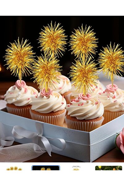 pastazu Altın Pasta Kürdanı 15 cm Kokteyl Süsü Cupcake Süsü 12 Ad