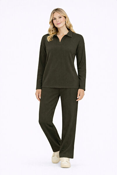 NEWORGINAL Ženski rebrasti polo ovratnik, dugi rukavi, opušteni komplet gornj...