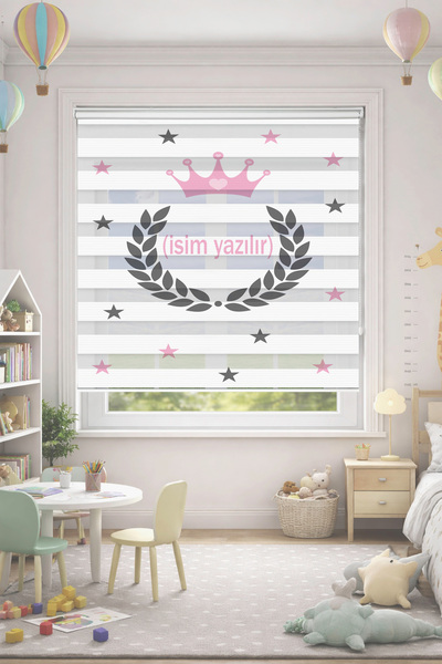 DOKUPER İSİM YAZILIR TAÇLII DİJİTAL BASKILI ZEBRA PERDE-COCUK ODASI-STOR PERDE