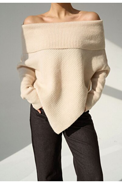 Sibel Günay Butik Madonna Collar Asymmetrical Cut Women's Knitwear Vanilla Sw...