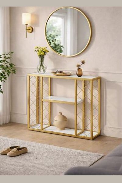 janiyeva Gold Metal Şaraplık &BEYAZ Ahşap Konsol Dekoratif Şarap Standı Hazır...