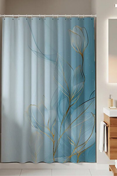 PrintiesPlus Dekoratif Mavi Lineer Yapraklar Duş Perdesi 1x160x200 Banyo Perd...