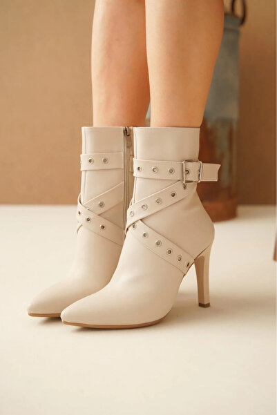 BLACK MODBLACK Ozbay Atye Beige Patent Leather Heeled Boots 1152714