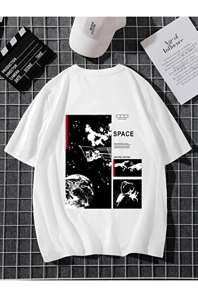 Unisex Kadın/Erkek SPACE Özel Baskılı Oversize Pamuklu Bisiklet Yaka Penye T-Shirt
