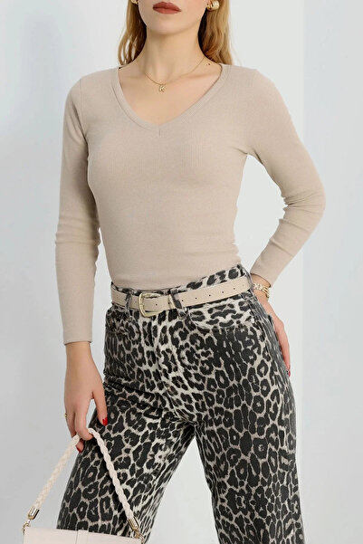 BLACK MODBLACK Ozbay V Neck Ribbed Knit Bluz Bej A3699 1152714