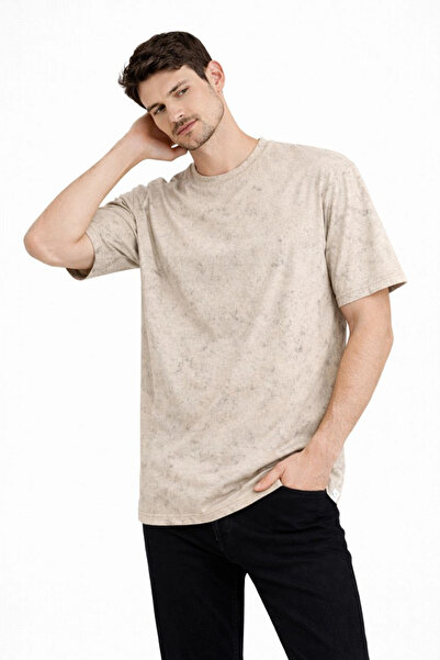LUMİART Men's Acid Wash Crew Neck Short Sleeve Oversized T-Shirt Tee - Beige