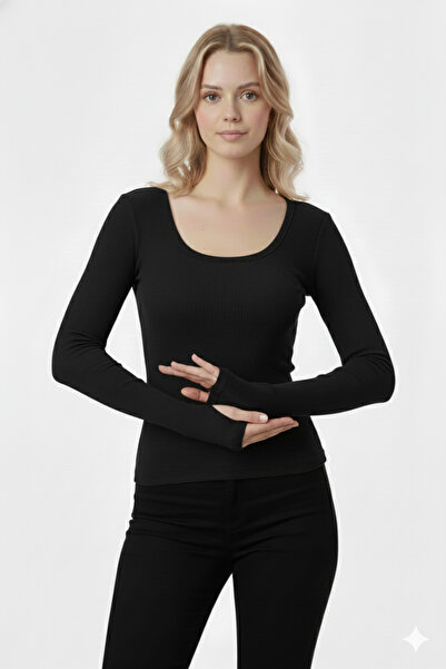 RİEMA Kadın Parmak Detaylı Parmak Geçmeli %100 Pamuk Fitilli Kumaş Uzun Kollu...