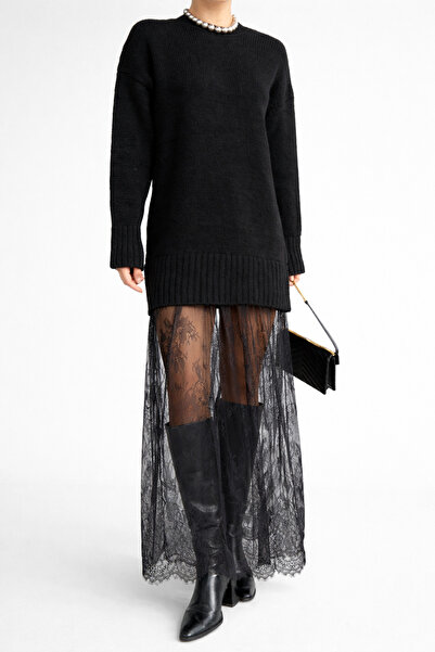 Sibel Günay Butik Lace Detailed Black Knitwear Sweater Dress