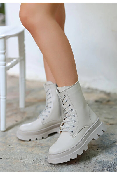 BLACK MODBLACK Ozbay Orge Beige Leather Lace-Up Boots 1152714