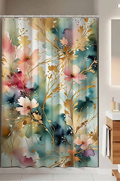 PrintiesPlus Dekoratif Soyut Renkli Yaprakli Duş Perdesi 1x160x200 Banyo Perd...