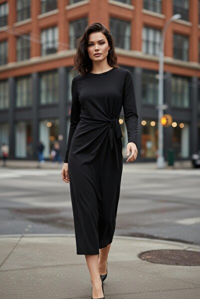 Mossta Long Sleeve Tie Detail Midi Modal Dress - Black