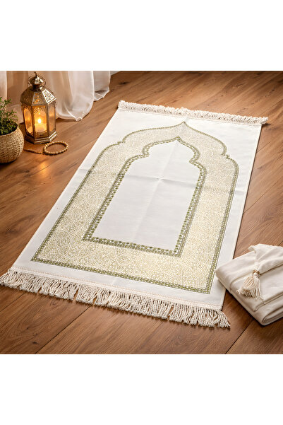 PIRISA Simple Mihrap Pattern Unlined Chenille Prayer Rug for Hajj, Umrah, Mev...
