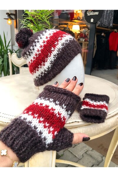 Gözde Tasarım Butik Women's Brown Red Patterned Handmade Knitted Beanie and N...
