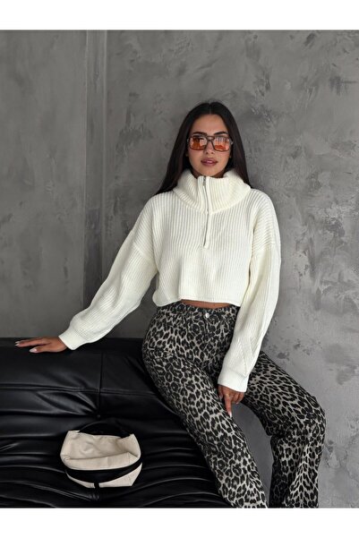 VOOLSTYLE Women's Oversize Half Zipper Half Turtleneck Knitwear Sweater