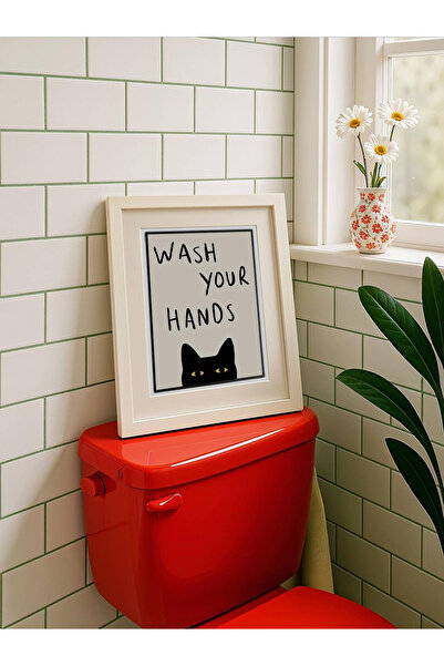 Taranist Kağıt Poster - Wash Your Hands Minimal Tipografi - Banyo Posteri Ell...